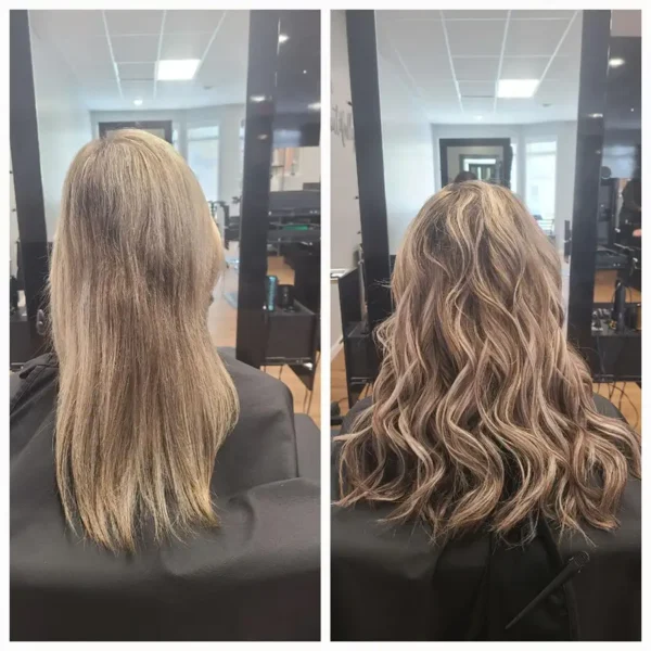 The Experience Hair Studio - before and after styling hair extensions, beautiful blond hair with low lights - Edwardsville, IL