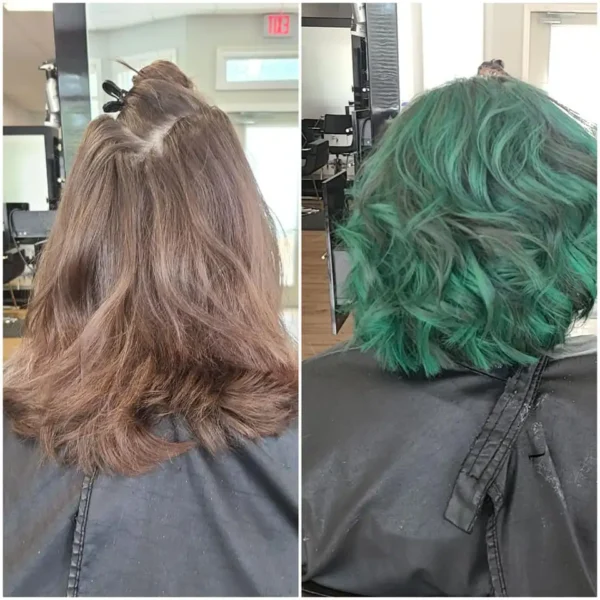 The Experience Hair Studio - before and after hair cut, color, and styling - beautiful turquoise fashion color - Edwardsville, IL