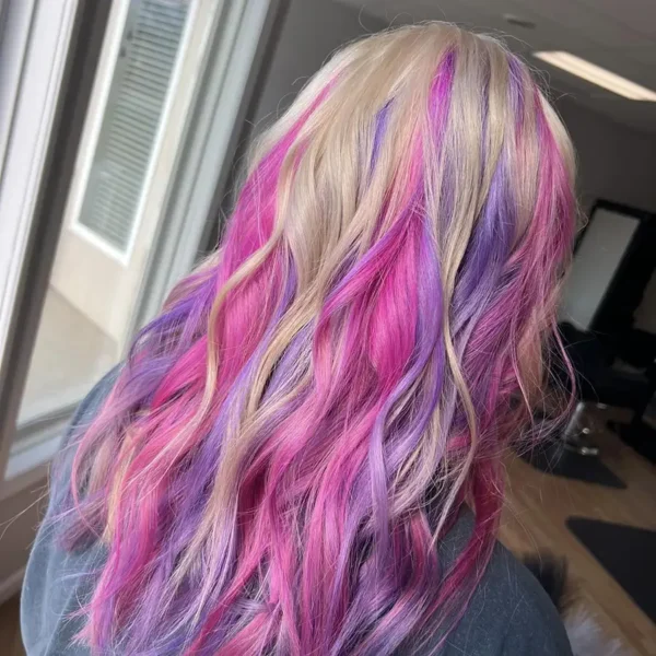 The Experience Hair Studio - Hair color, style, plus extensions - Fashion colors on blond hair, bright pink and purple - Edwardsville, IL