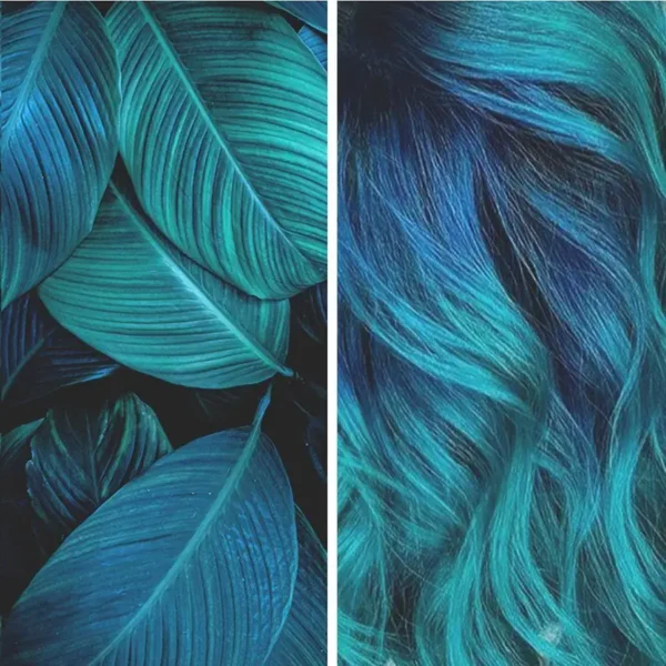 The Experience Hair Studio - fashion color treatment side by side with inspiration - teal and blue against tropical leaves - Edwardsville, IL