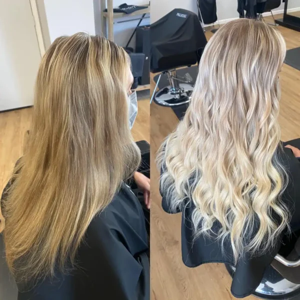 The Experience Hair Studio - before and after color treatment, styling, and hair extensions, bright blond - Edwardsville, IL