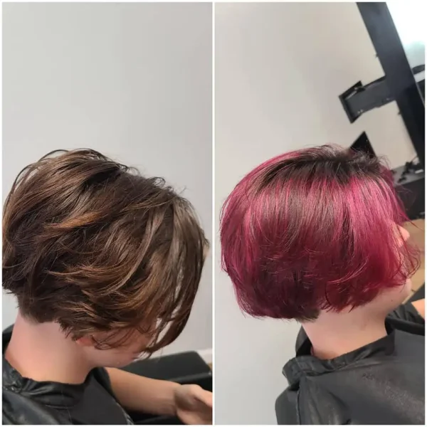 The Experience Hair Studio - before and after firetruck red fashion color treatment - Edwardsville, IL